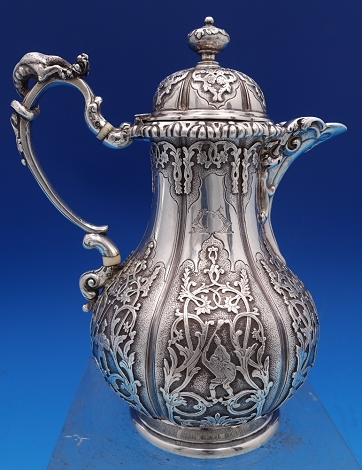 Chocolate Pot #38 wt 16.26ozt London 1849 RG= Robert Garrard II, engraved family crest knight arms w/ sword, lion's paw, pierced and applied Japanese figures and scrollwork, 3-D dragon on handle GW interior, retailed by Garrard's of London - English Sterl